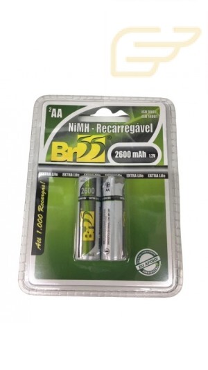 CARTELA COM 2 PILHAS BR55 RECARREGAVEIS NIMH PEQUENAS AA 2600MAH